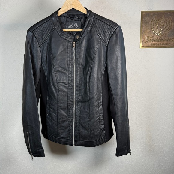 Sebby Collection Black Faux Leather Moto Jacket Quilted Zip Front Women L G - Picture 2 of 10